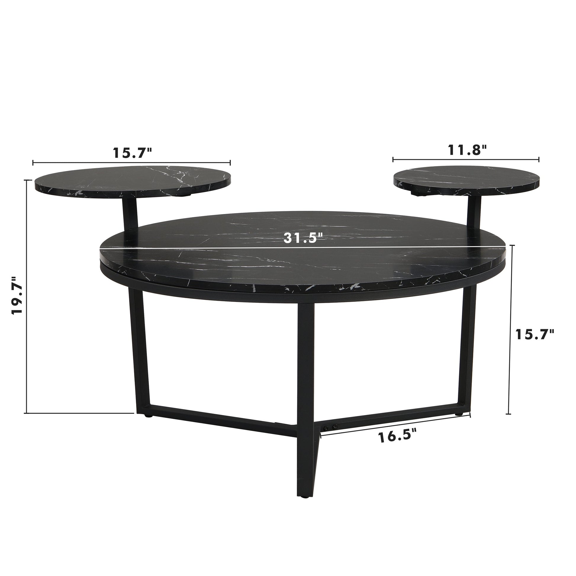 Modern coffee table with two display shelves, Black Faux marble surfaces, Tripod-inspired base,Rounded tabletop edges - Korvel