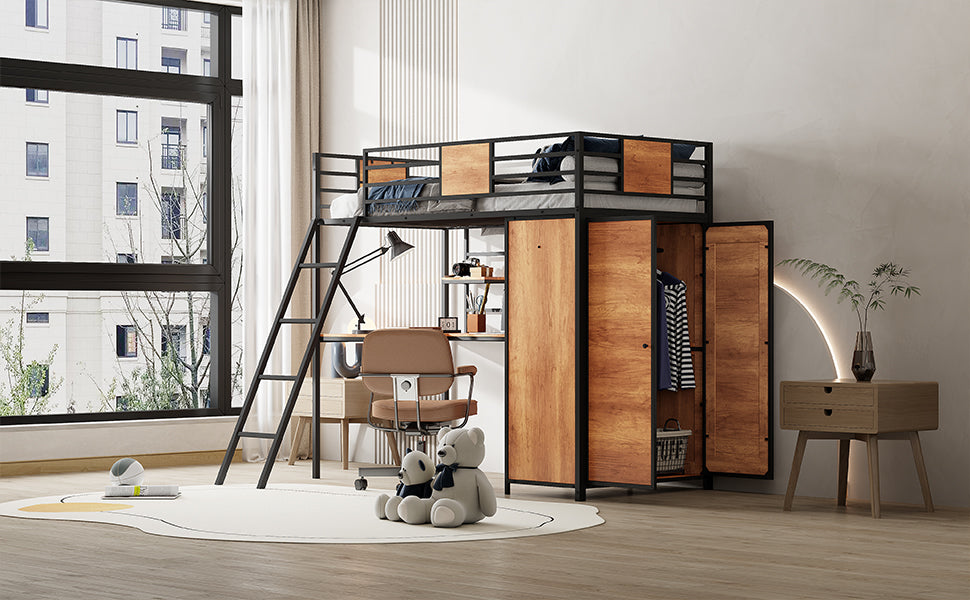Twin Size Loft bed with L-shape Desk and Wardrobe, Black - Korvel