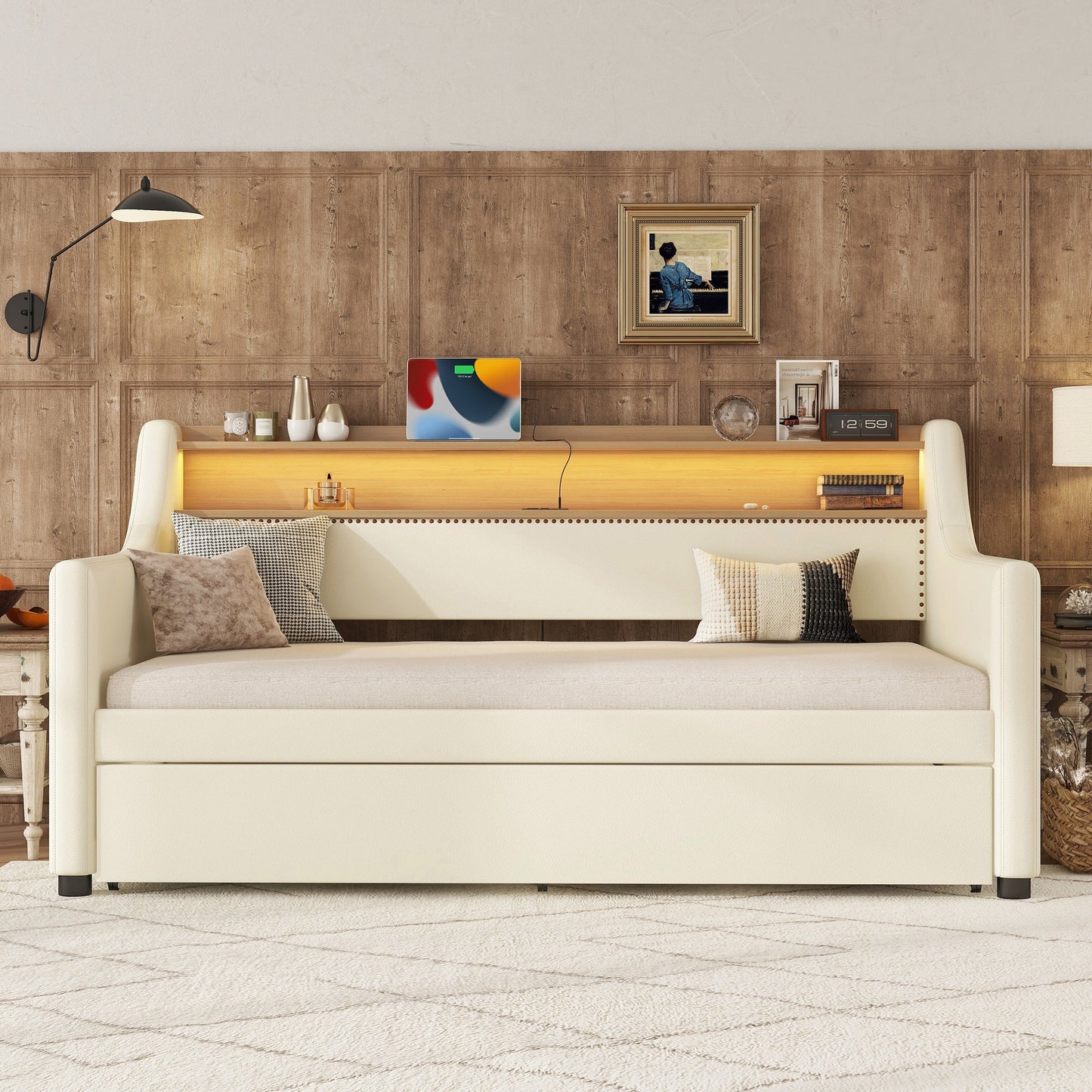 Twin Size Daybed with Trundle, Upholstered Daybed with Charging Station and LED Lights, White - Korvel