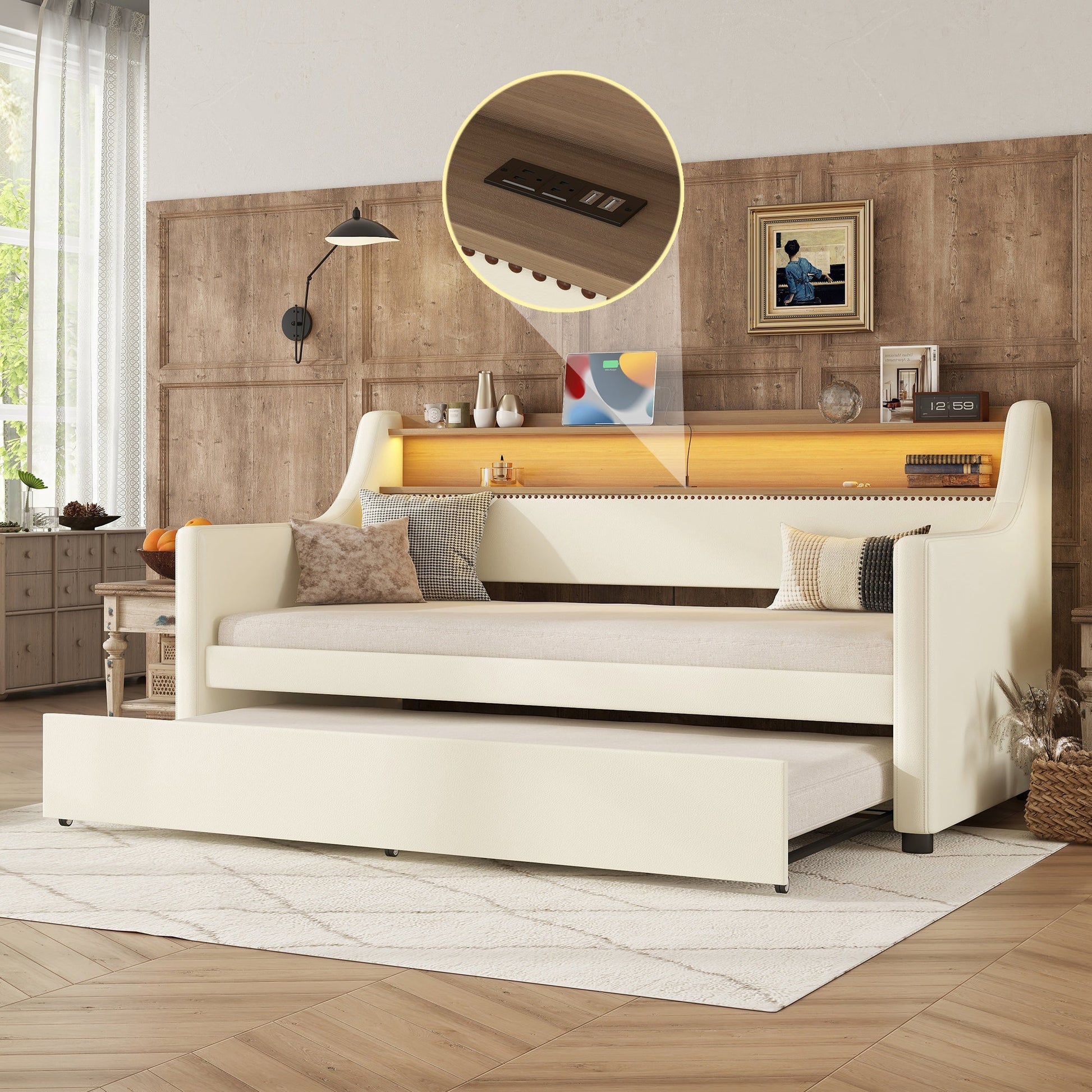 Twin Size Daybed with Trundle, Upholstered Daybed with Charging Station and LED Lights, White - Korvel