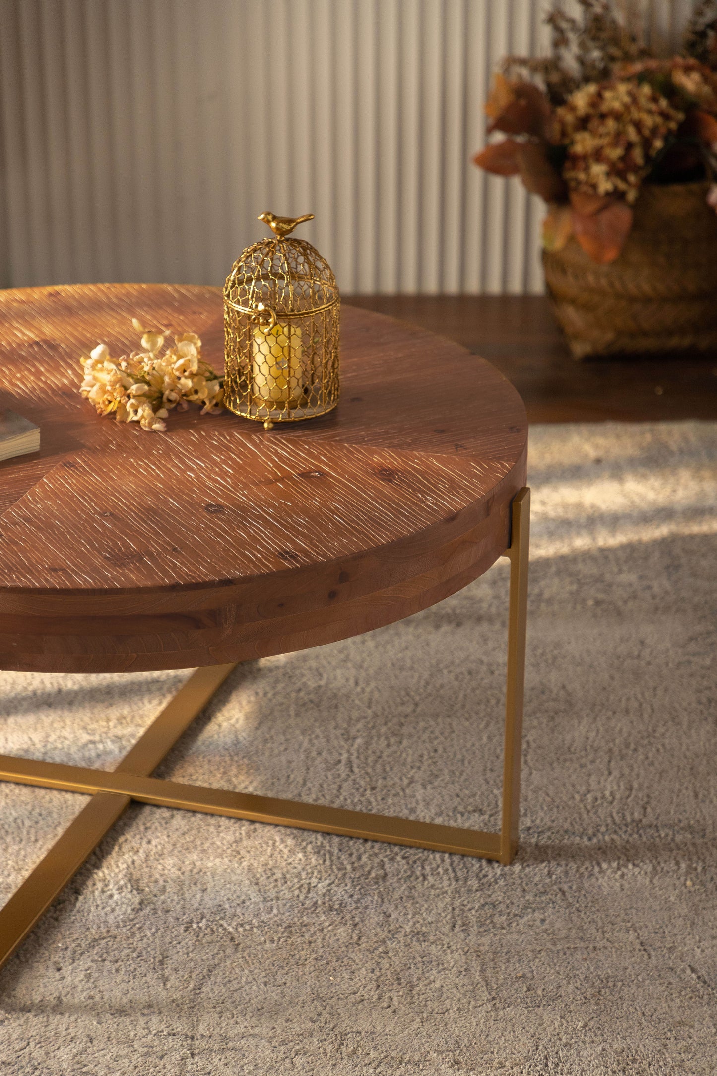 33.86"Modern Retro Splicing Round Coffee Table Fir Wood Table Top with Gold Cross Legs Base(Same SKU:W757126236) - Korvel