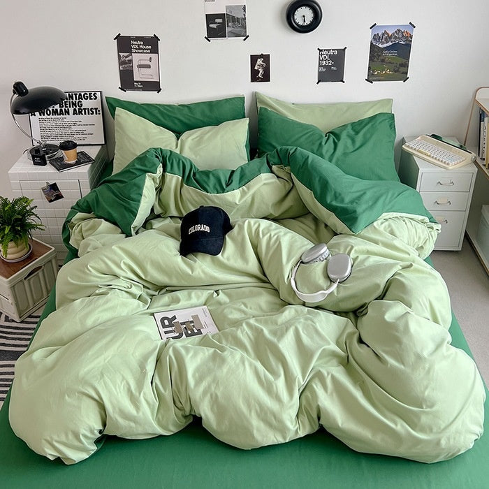 Washed Cotton Solid Color Double Spliced Four-Piece Bedding Set - Sheet, Quilt Cover, Pillowcases for Employee and Dormitory Use - Korvel