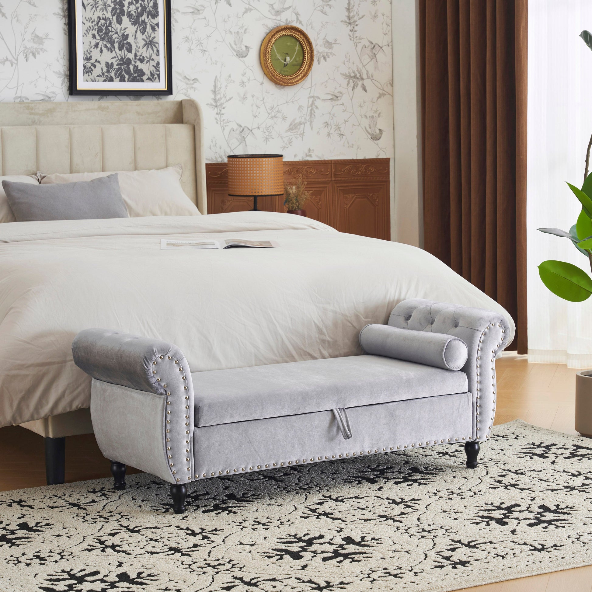 Velvet Multifunctional Storage Rectangular ottoman bench with 1 Pillow, grey - Korvel