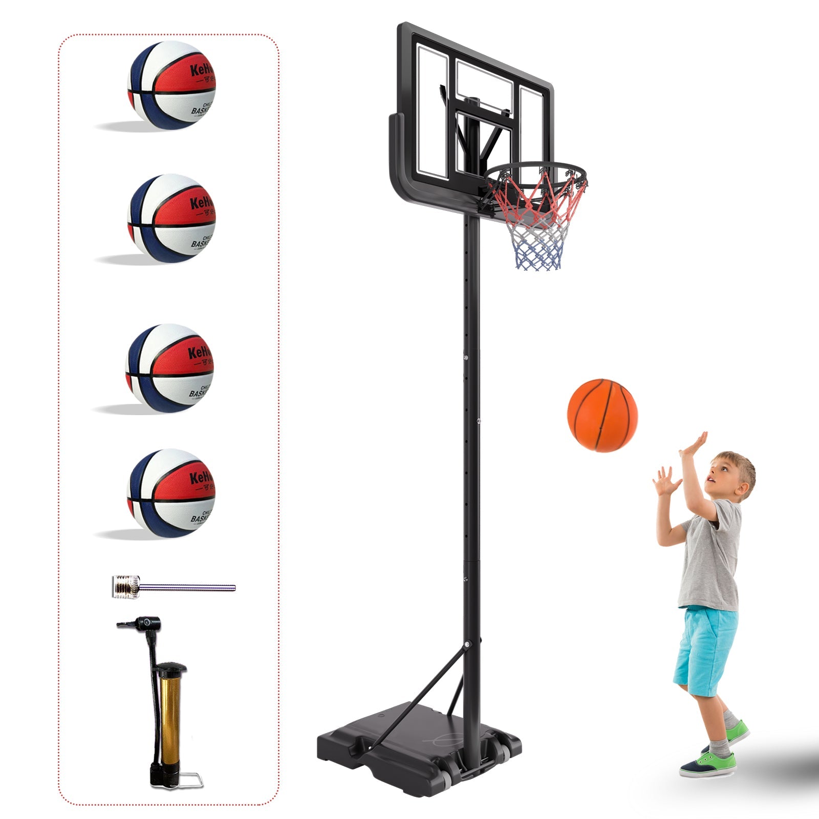 Basketball Hoop Basketball System 4.76-10ft Height Adjustable with 4 Basketball, Net Pocket, Inflator Set - Korvel