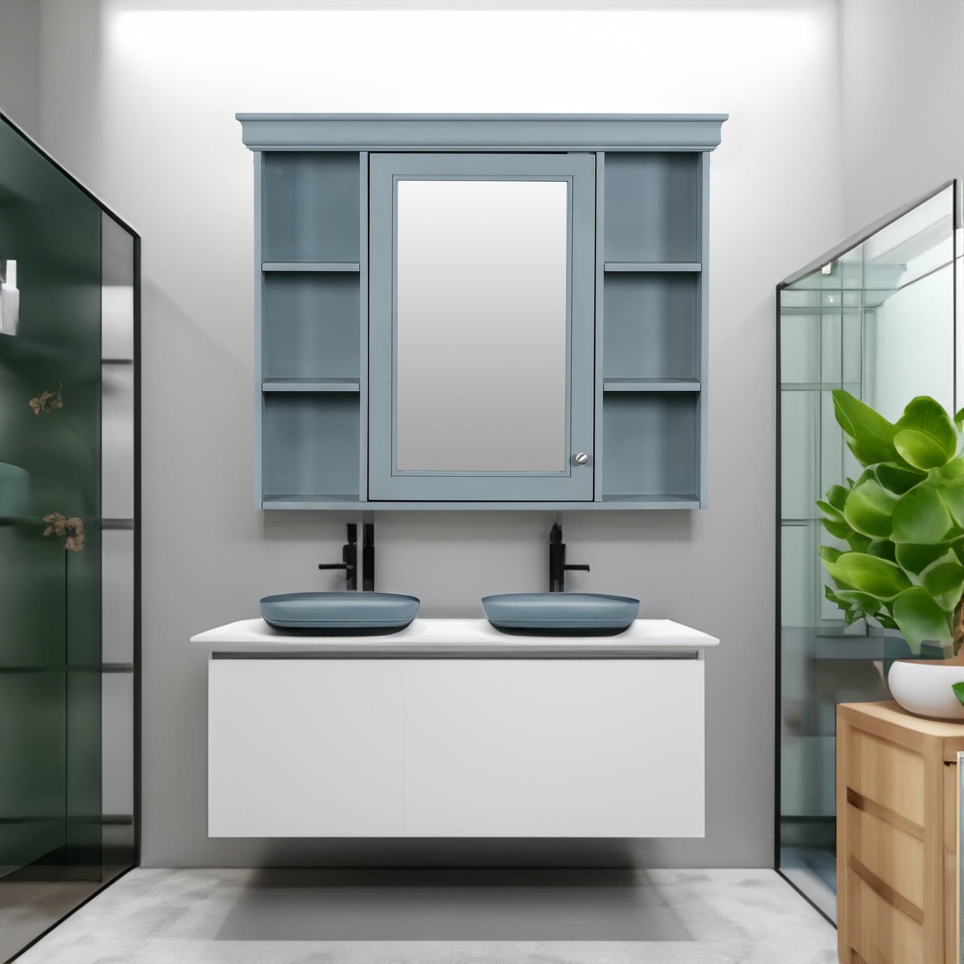 35 ''x 28' 'blue wall mounted bathroom storage cabinet with mirror door and medication cabinet with 6 open shelves - Korvel