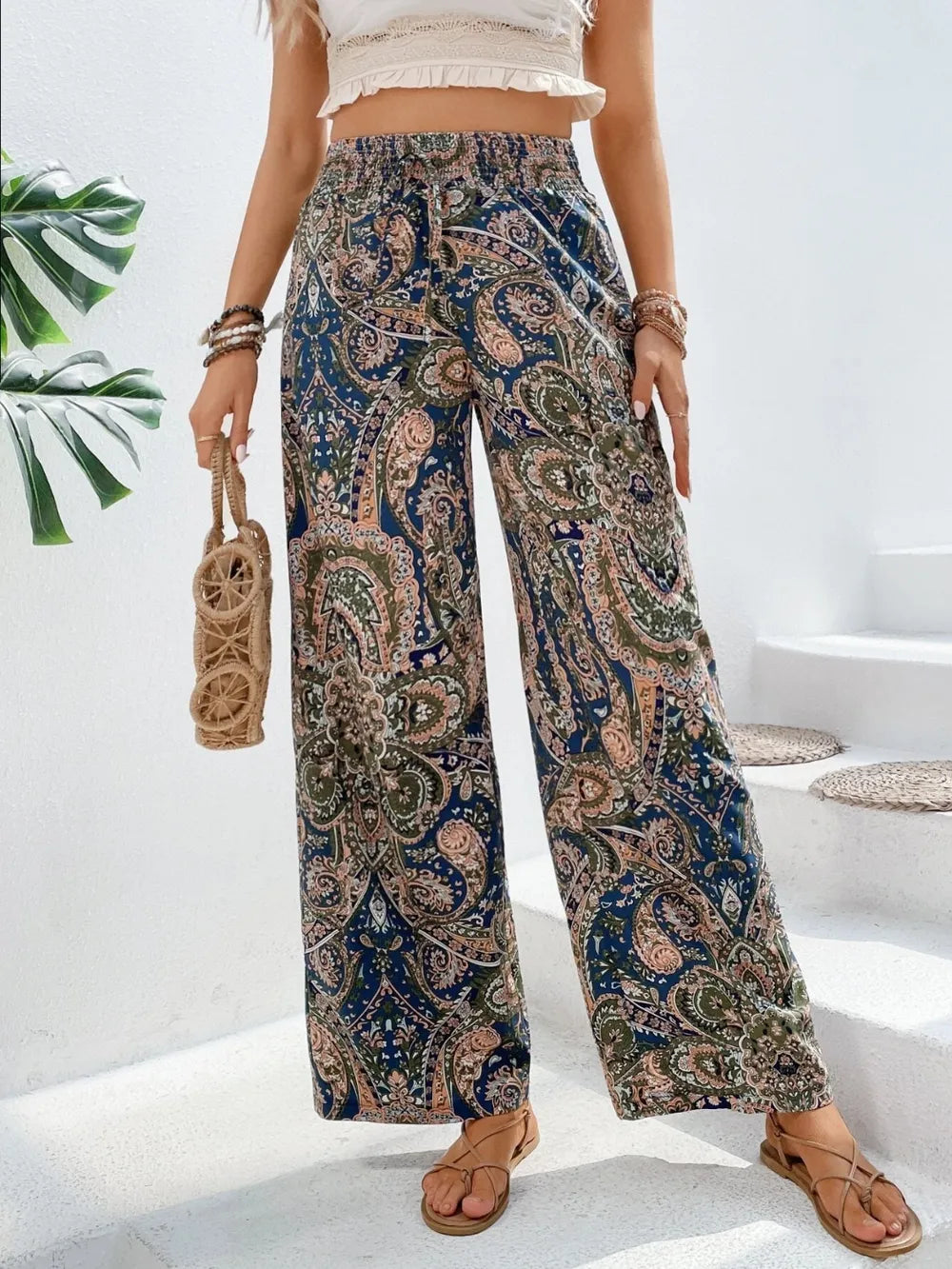 Printed Wide Leg Pants - Korvel
