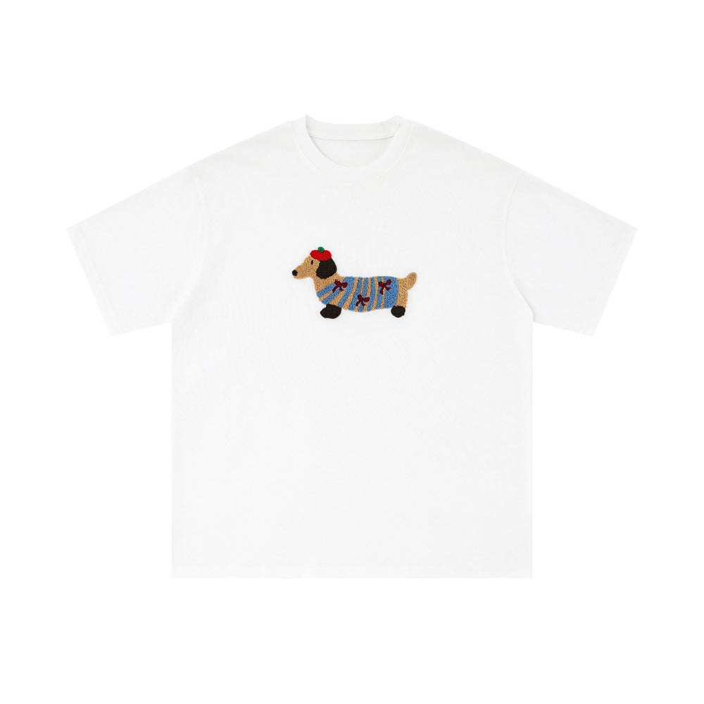 Camiseta de algodón de manga corta bordada de perro salchicha - T-Shirt unisex casual