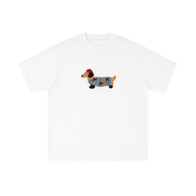 Camiseta de algodón de manga corta bordada de perro salchicha - T-Shirt unisex casual
