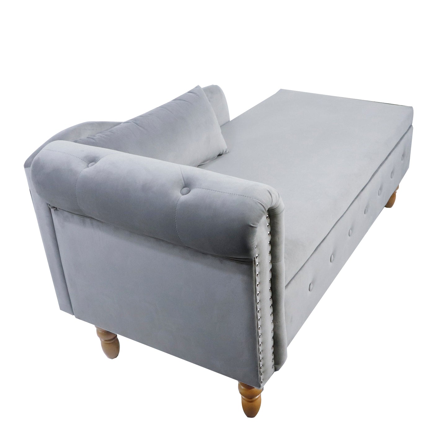 Chaise longue en velours gris avec rangement et coussin