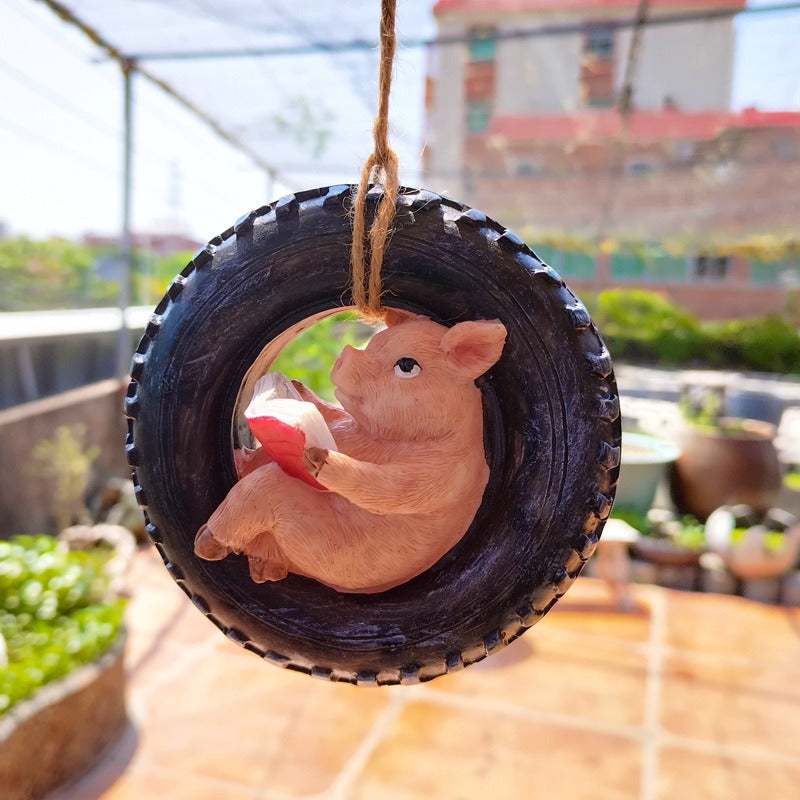 Cute Piggy Reading Tire Courtyard Garden Outdoor Hanger - Korvel