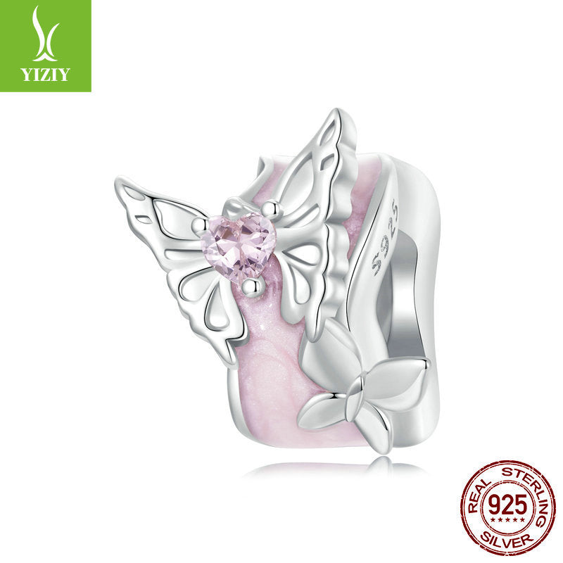 Silver Charm Pink Butterfly DIY Silicone Positioning Bracelet with Separated Beads Romantic Spring Day s925 Pure Silver Beads Loose Beads - Korvel