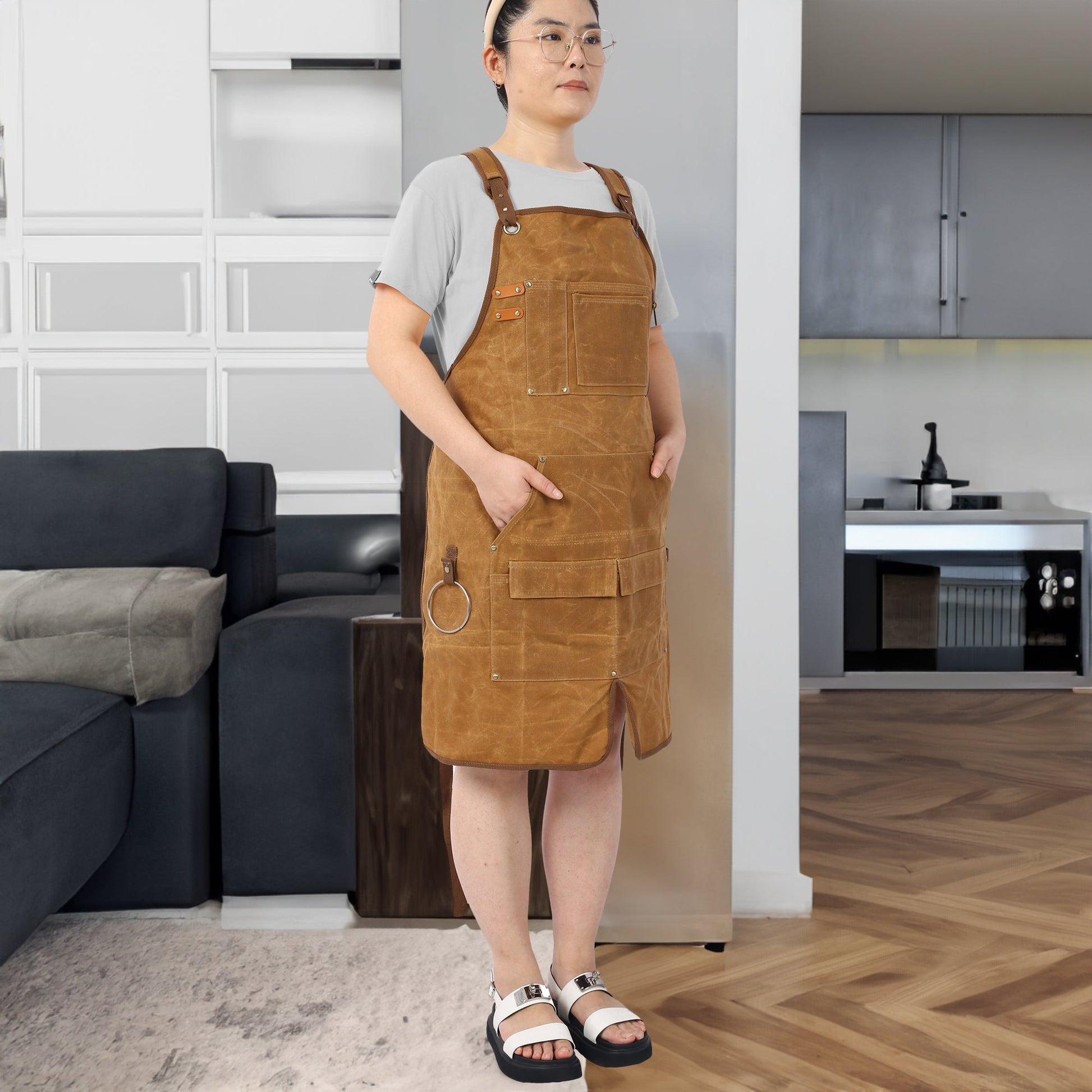 Long heavy-duty waxed canvas tool apron, carpenter apron, carpenter apron, carpenter waterproof 18 ounces - Korvel