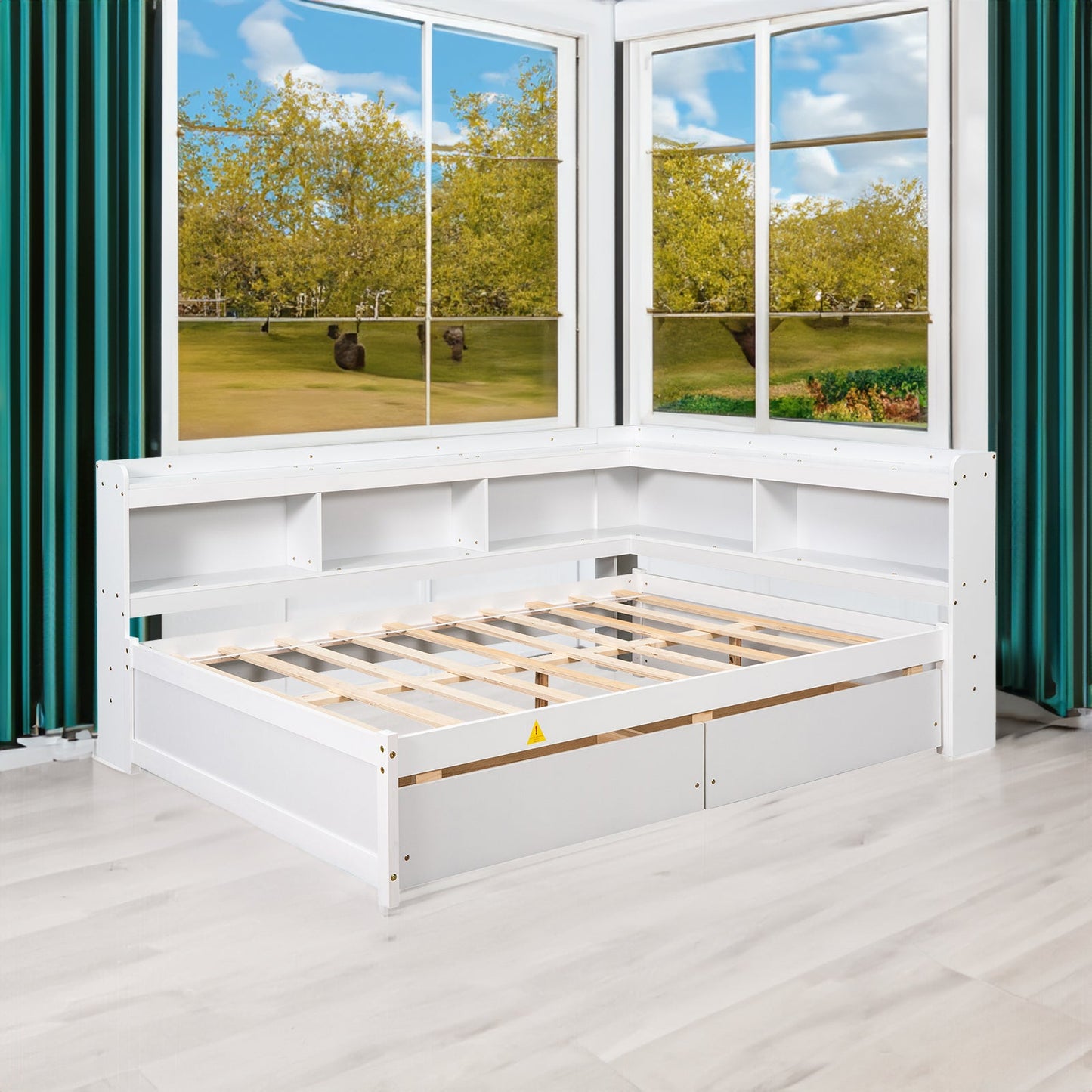 Elegant Full Bed with L-shaped Bookcases and Drawers in White