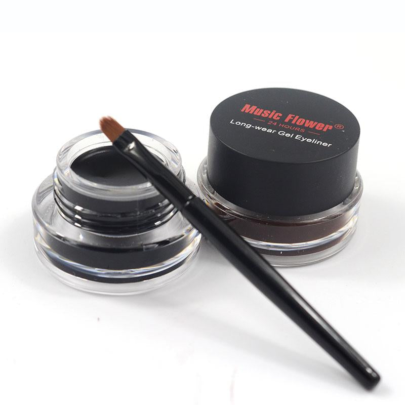 Music Flower 2 in 1 Coffee + Black Gel Eyeliner Make Up Waterproof Eye Liner Cosmetics Set Eyeliner Pens Makeup Brushes Set - Korvel