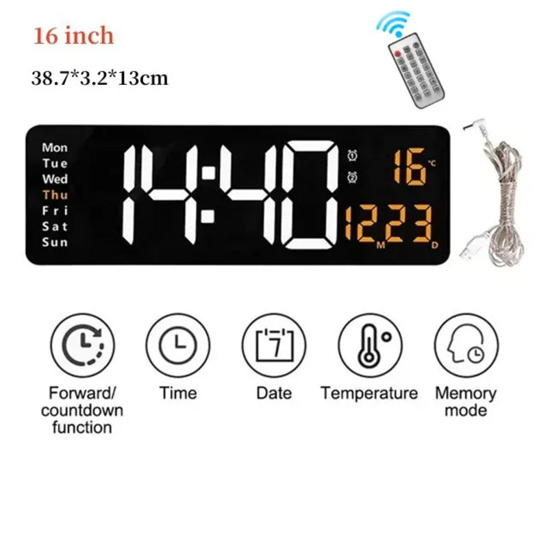 Large LED Wall Clock with Remote Control and Dual Alarms