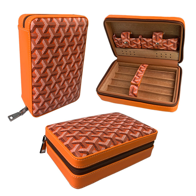 Carved version cigar box portable cedar wood cigar moisturizing box cowhide cigar box storage box Gaoxiba - Korvel