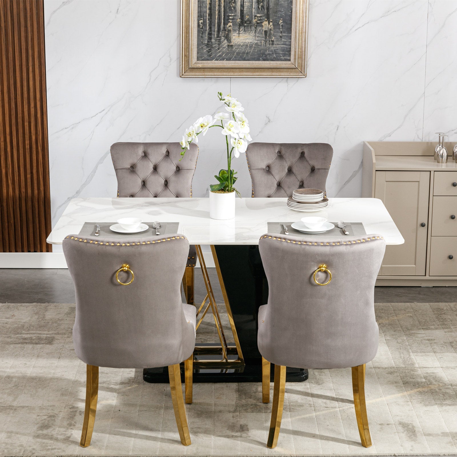 Tufted solid wood velvet cushioned dining chair, gold-plated stainless steel nail leg heads, 2 pieces in gray and gold - Korvel