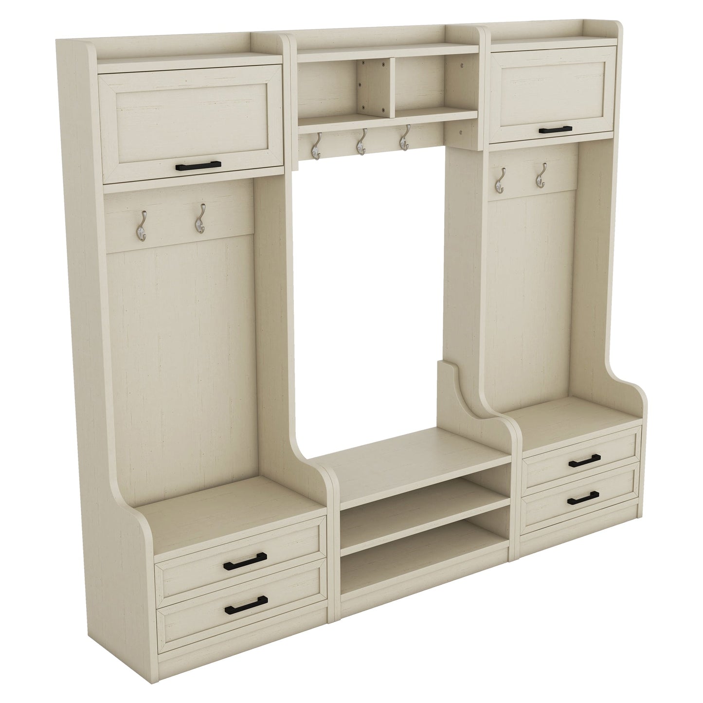 Four in one detachable hall tree with drawers and cabinets, 7 hooks, multifunctional corridor hangers, antique beige shoe stools - Korvel