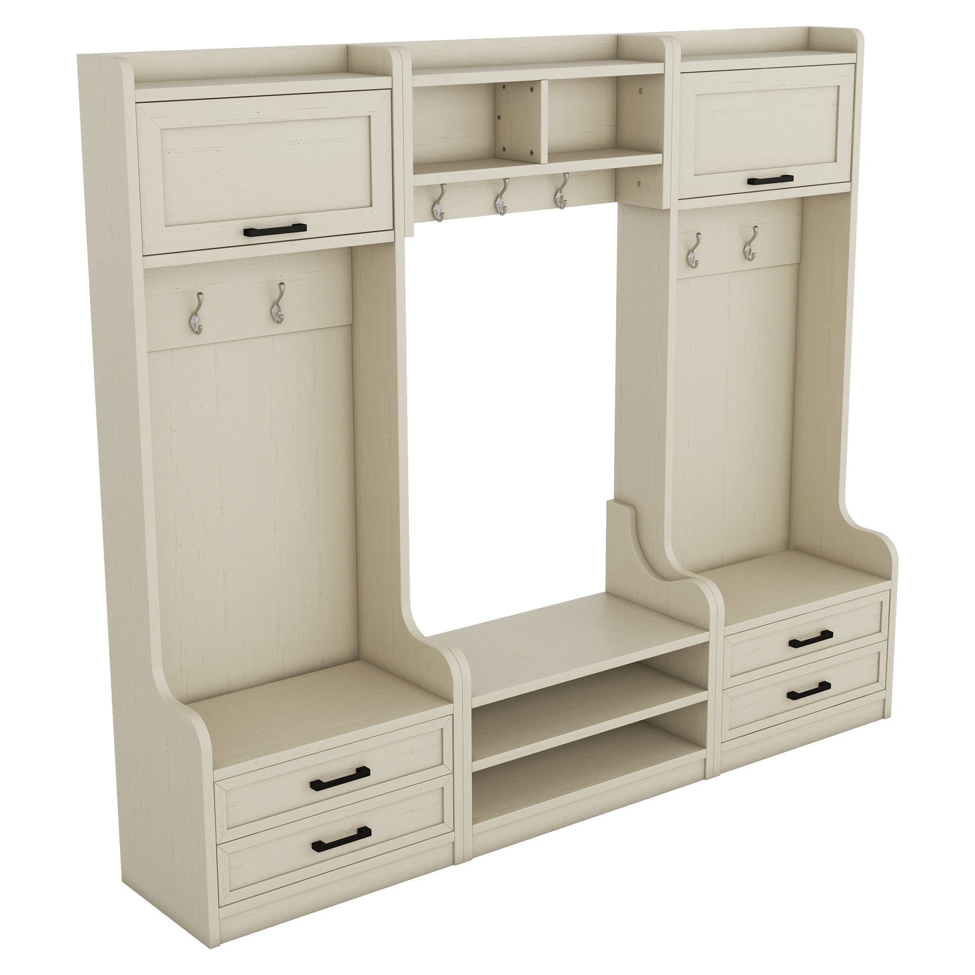 Four in one detachable hall tree with drawers and cabinets, 7 hooks, multifunctional corridor hangers, antique beige shoe stools - Korvel