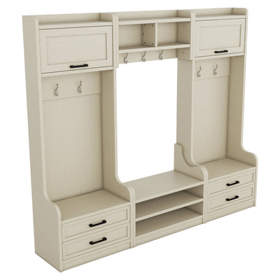 Four in one detachable hall tree with drawers and cabinets, 7 hooks, multifunctional corridor hangers, antique beige shoe stools - Korvel