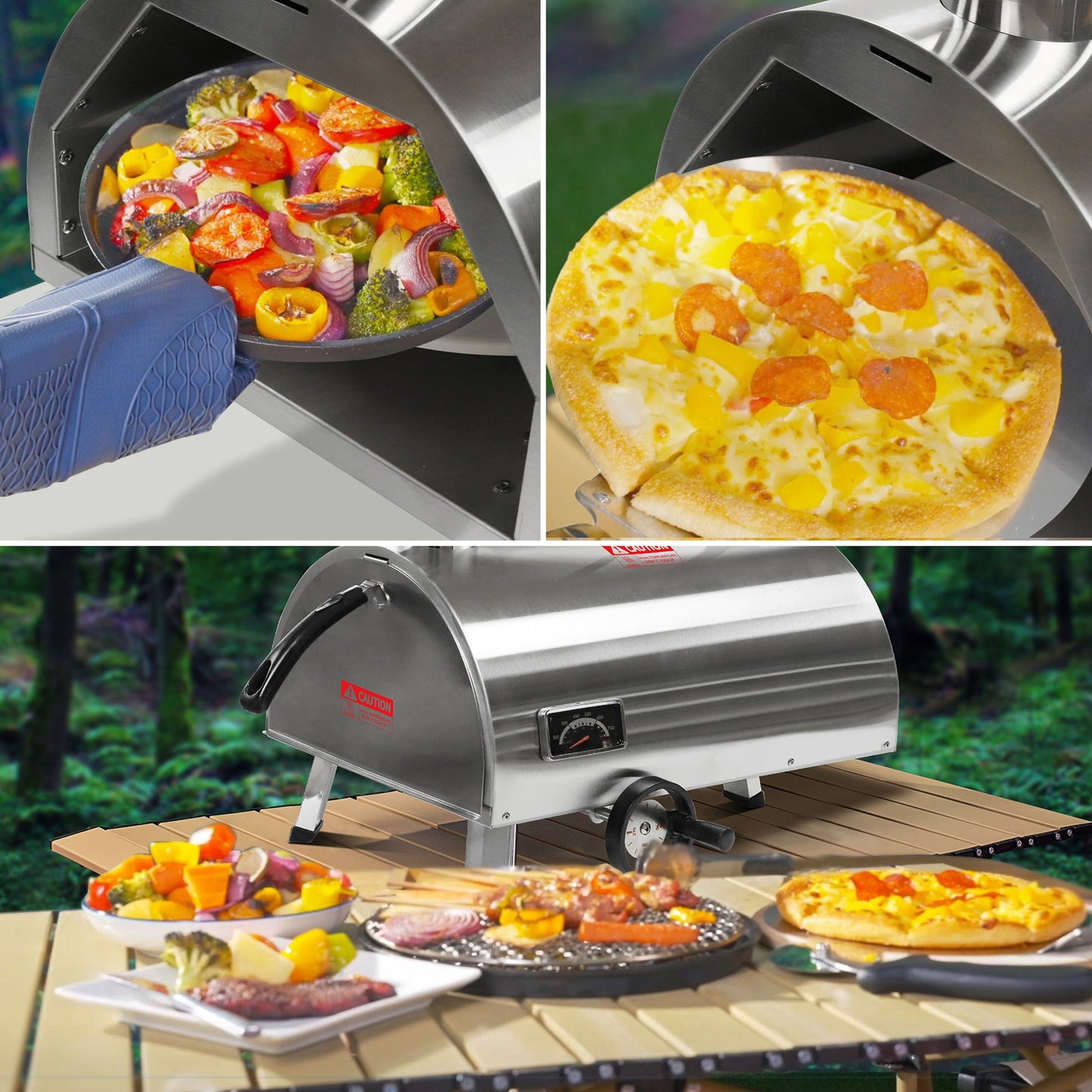 Silver Pizza Oven Outdoor 12" Semi-Automatic Rotatable Pizza Ovens Portable Stainless Steel - Korvel