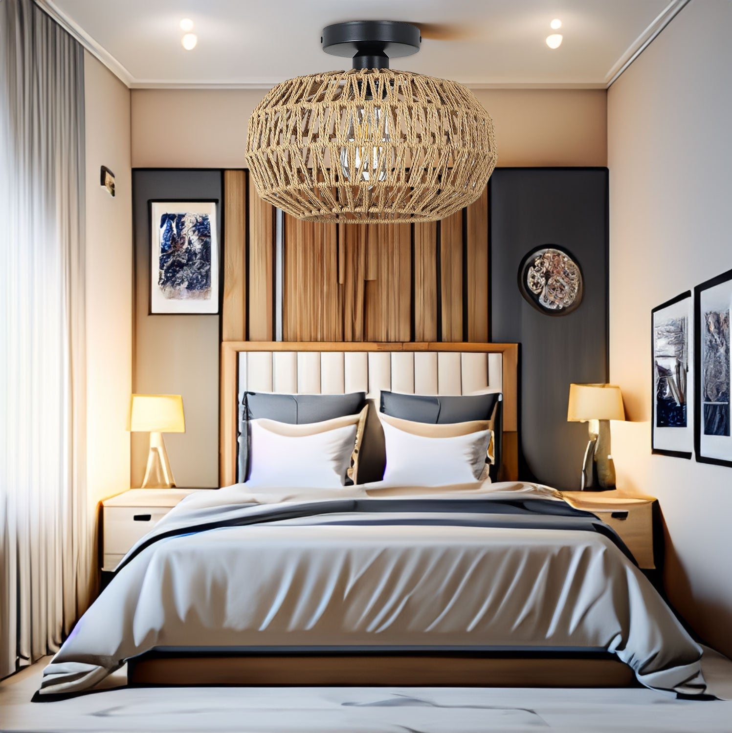 Rattan Light Fixtures Ceiling Mount,Boho Ceiling Light Fixture with Dimmable LED Bulb Mini Hand Woven Rattan - Korvel