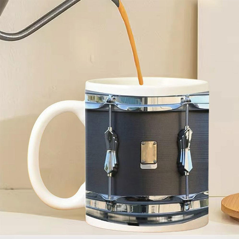 Vintage Drum Mug, 11oz. Black & White, Funny Ceramic Mug. Ideal Cool Gift for Drummers and Musicians. - Korvel