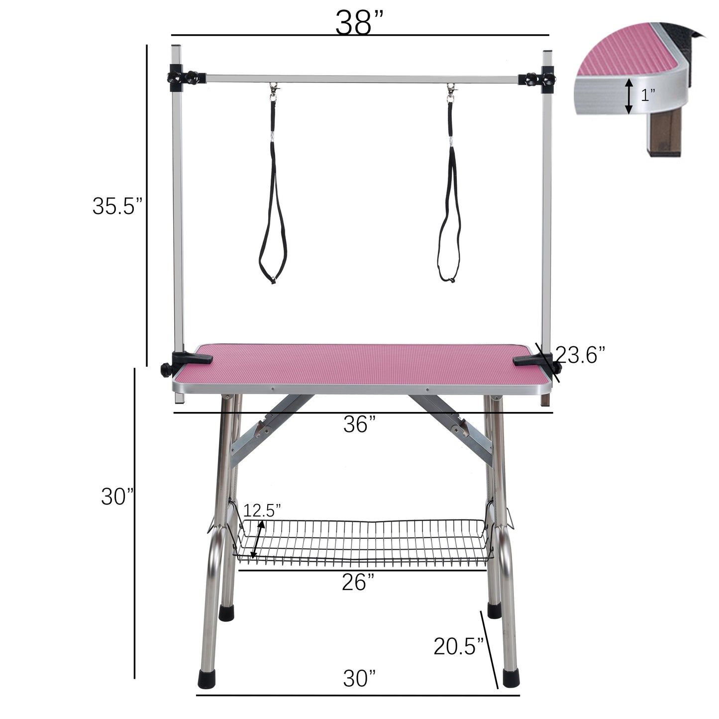 36 inch folding pet grooming table with stainless steel frame and rubber pad, equipped with adjustable armrests and clips (pink) - Korvel