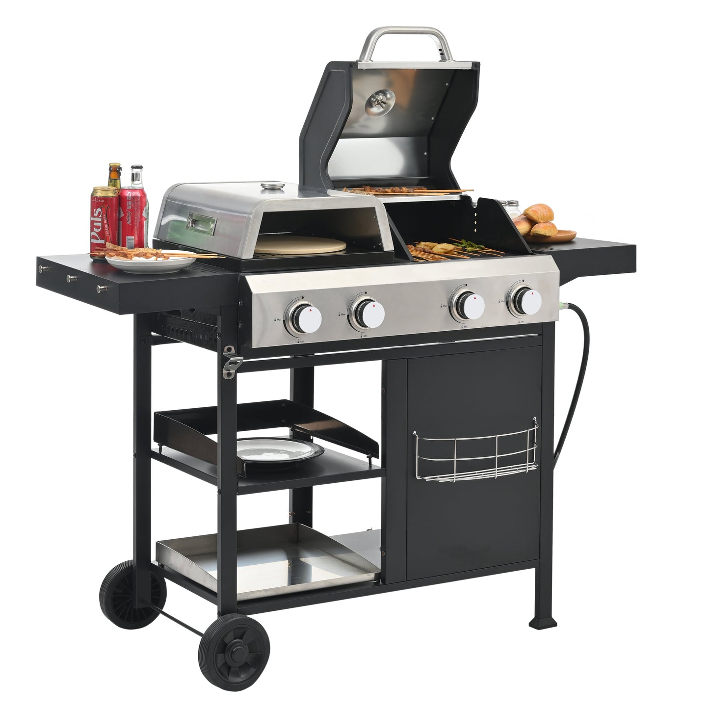 2+2 multifunctional gas barbecue grill and covered grill combination for outdoor cooking - barbecue, barbecue, pizza. - Korvel