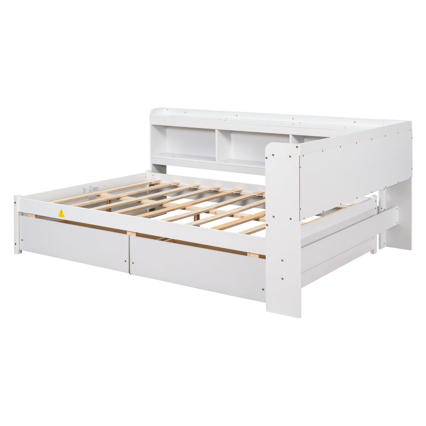 Elegant Full Bed with L-shaped Bookcases and Drawers in White