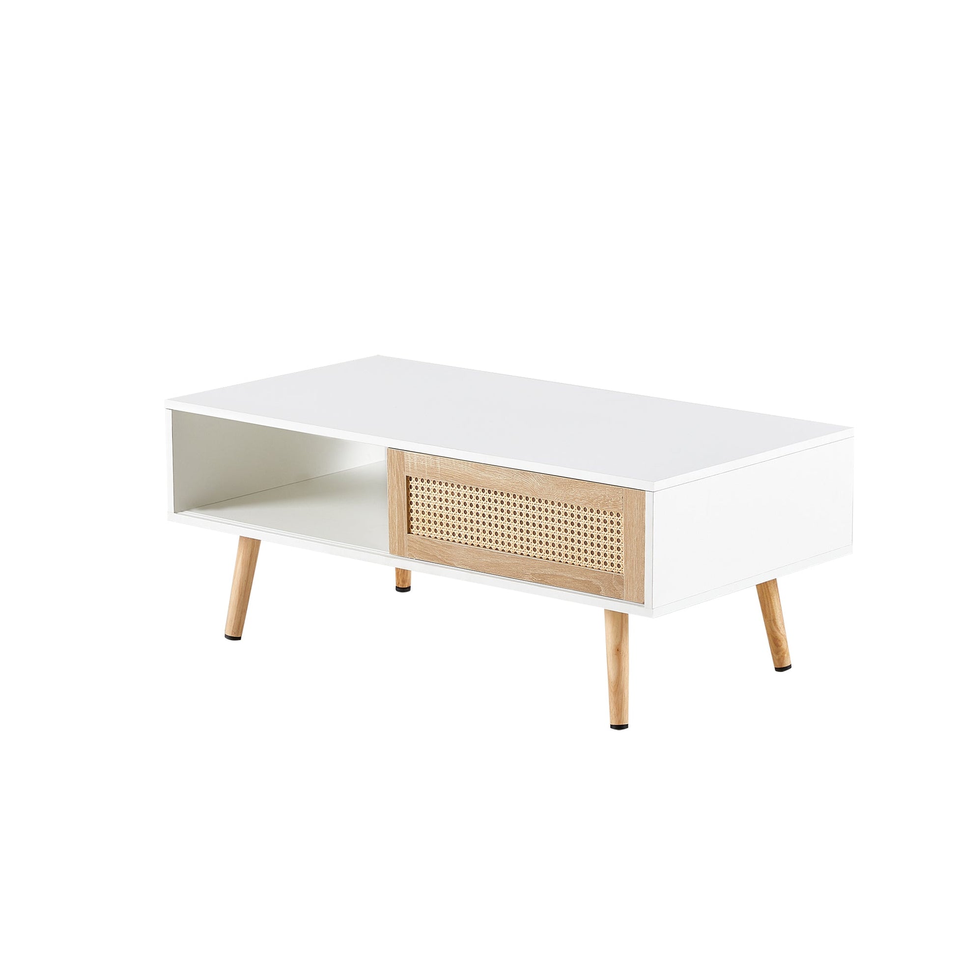 41.34" Rattan Coffee table sliding door for storage solid wood legs White - Korvel