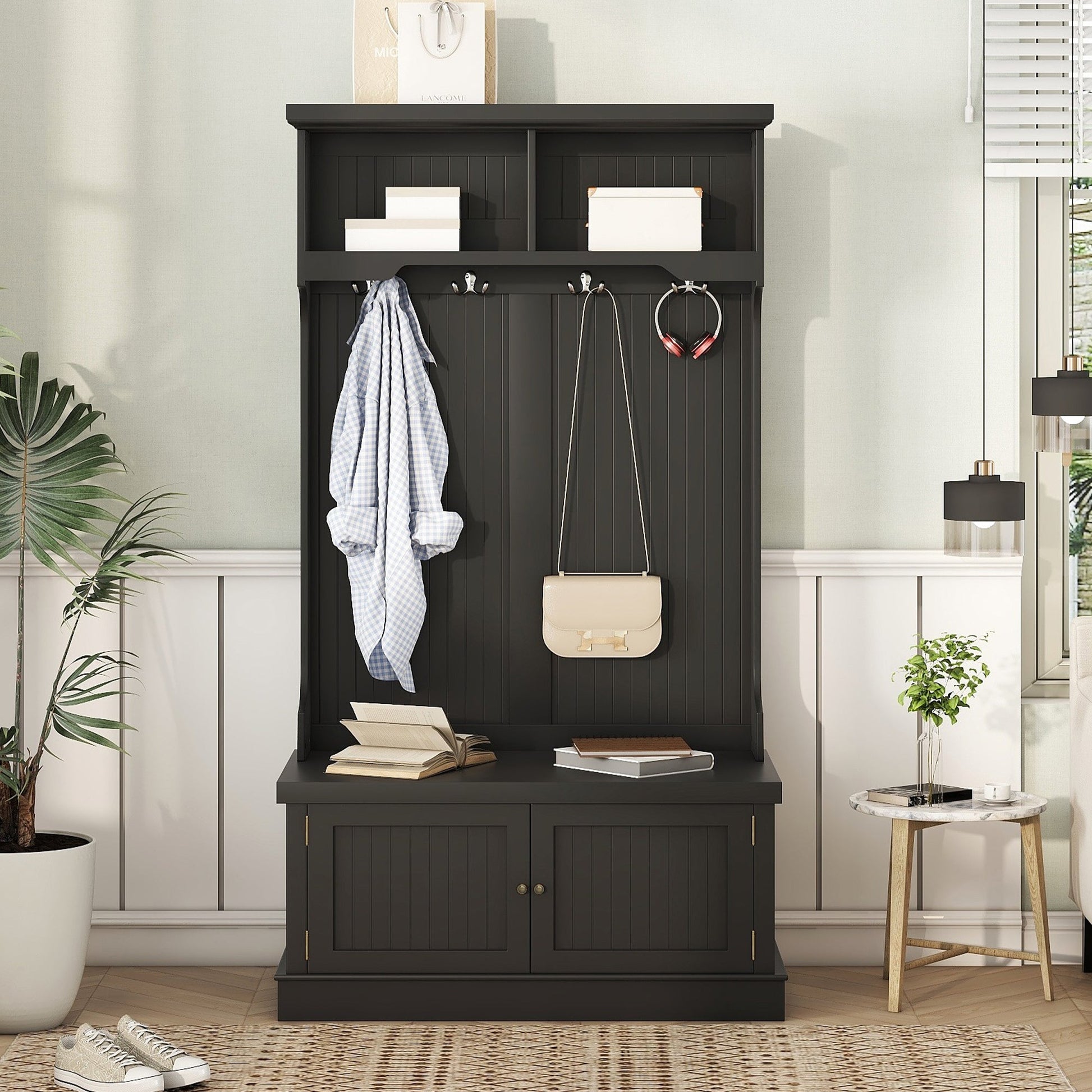 Hall Tree with Storage Shoe Bench for Entryway and Hallway, 4-in-1 Design Coat Racks with 4 Hooks for Living Room, Black - Korvel