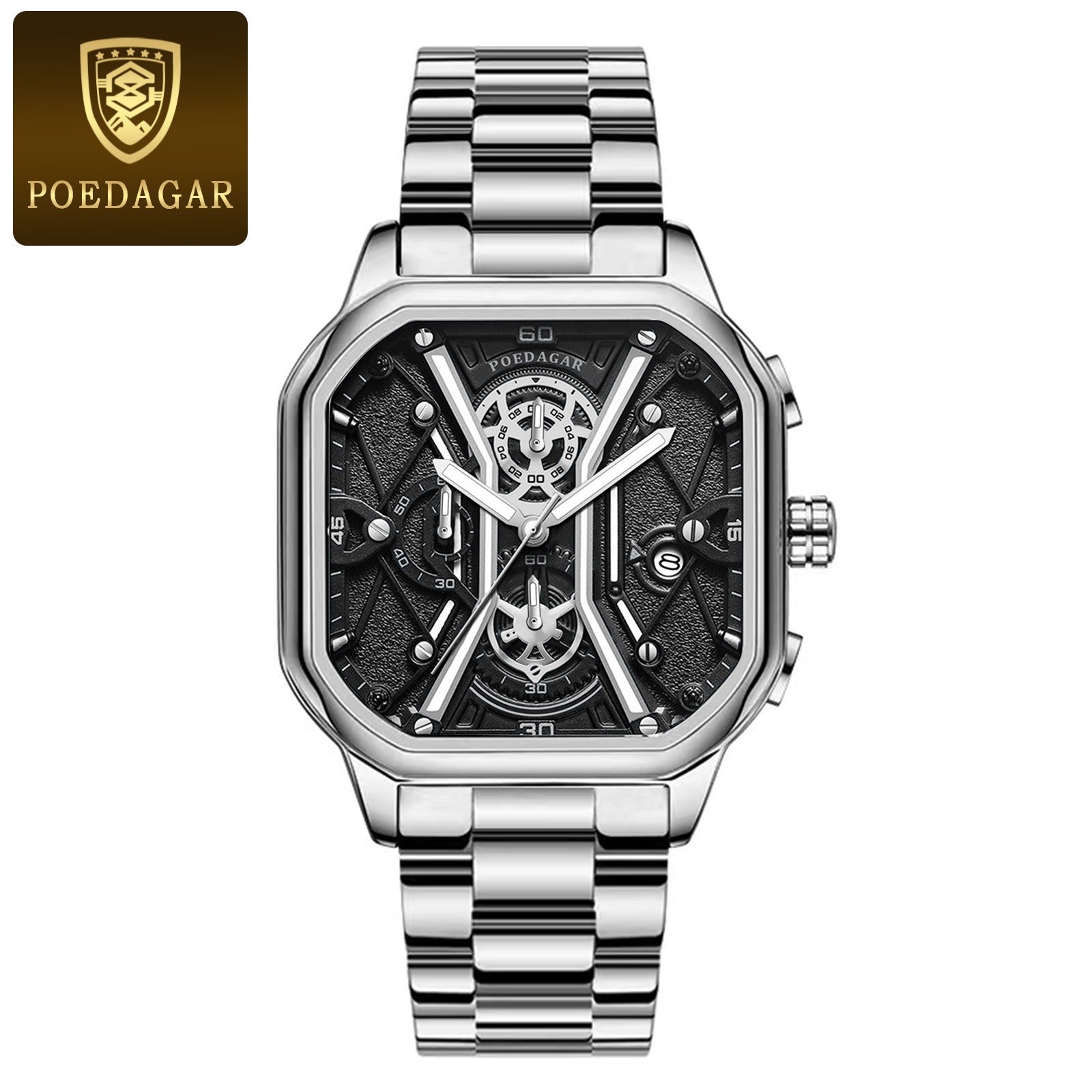 POEDAGAR Fashion Men Luxury Wristwatches Chronograph Luminous Waterproof Date Man Watch Square Dial Leather Quartz Men's Watches - Korvel