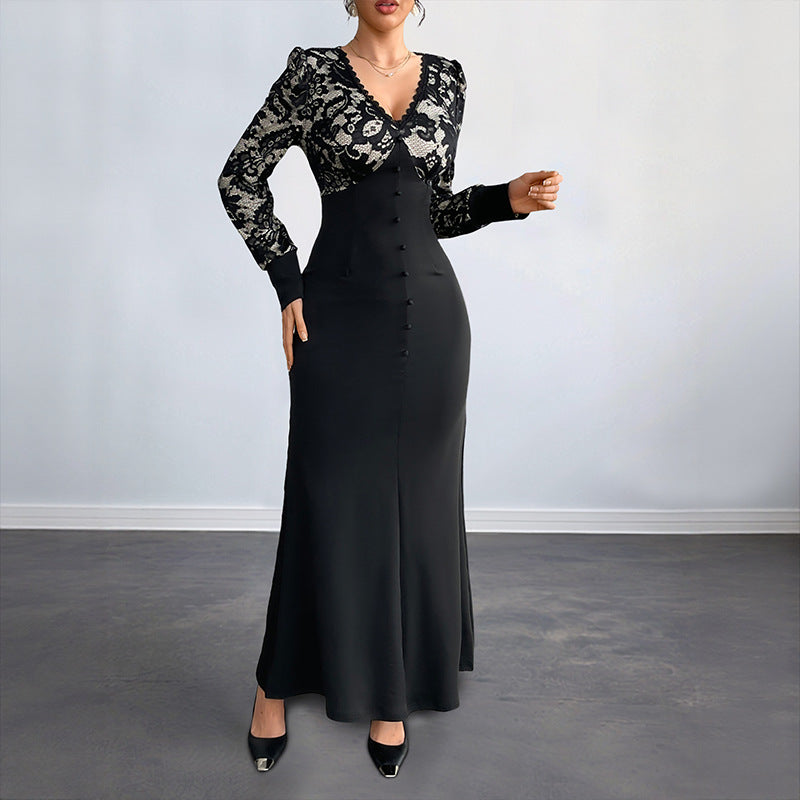 Sexy Retro Lace Splicing Long Sleeve V-neck Dress for Evening and Date - Korvel