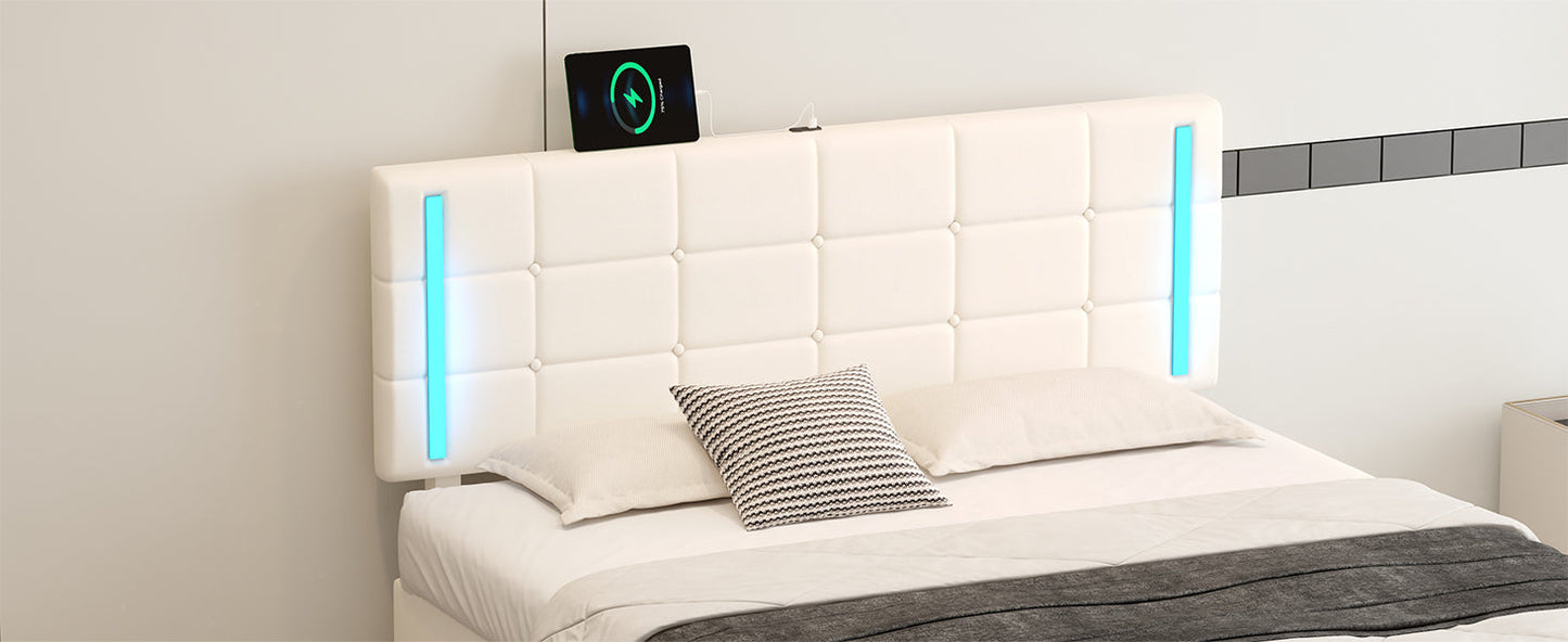 Queen Size Upholstered Bed with LED Lights Hydraulic Storage System and USB Charging Station White - Korvel