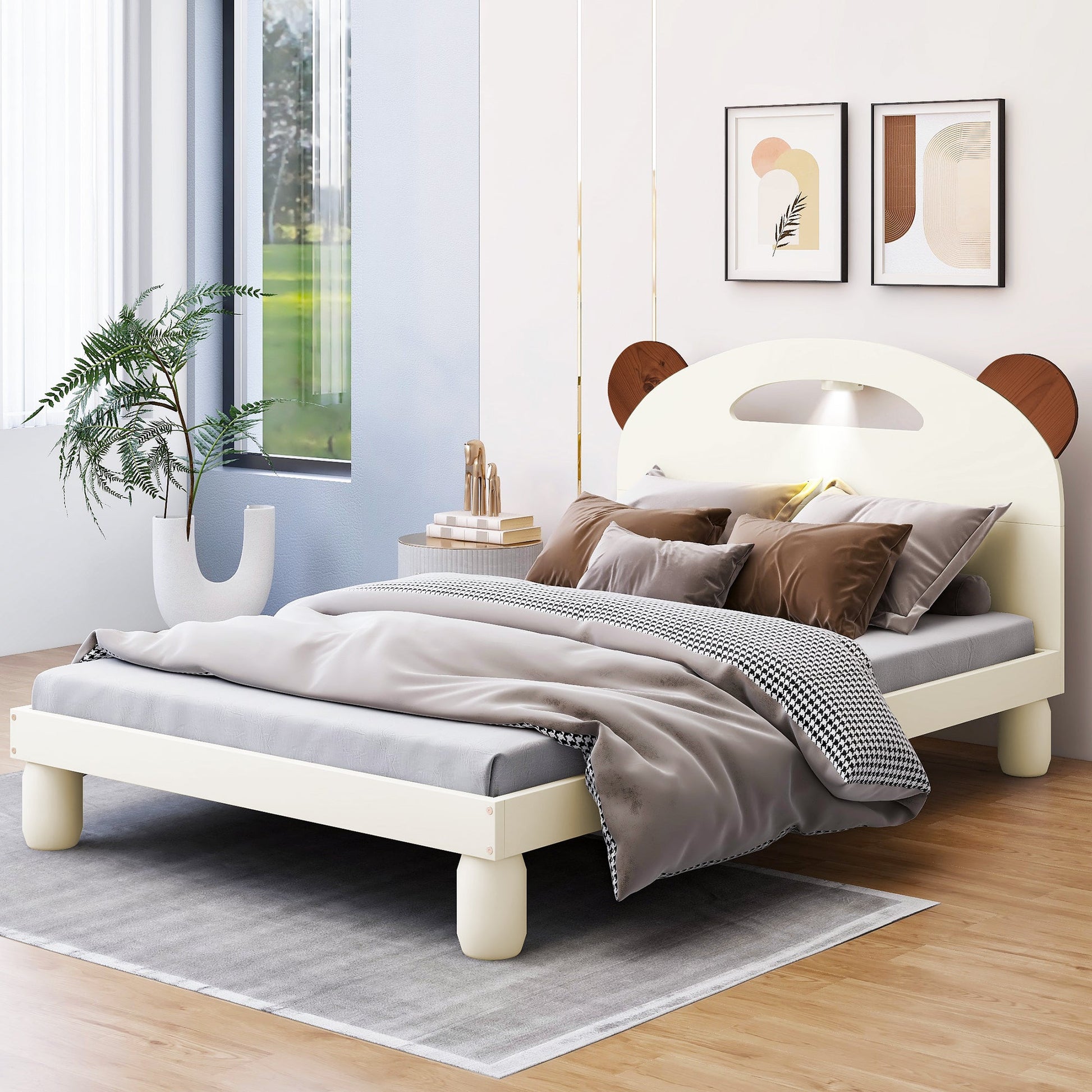 Twin Size Platform Bed with Bear Ears Shaped Headboard and LED Cream White - Korvel