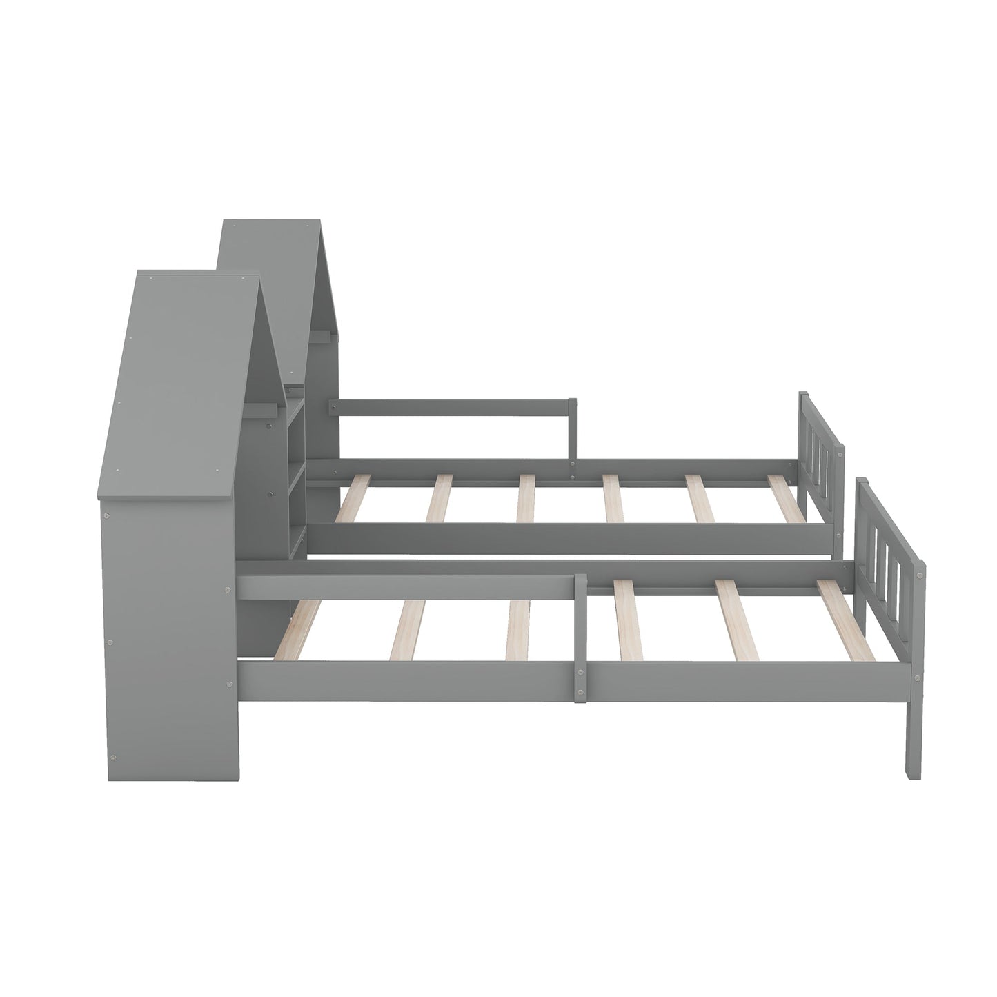 Double Twin Size Platform Bed with House-shaped Headboard and a Built-in Nightstand  Grey - Korvel