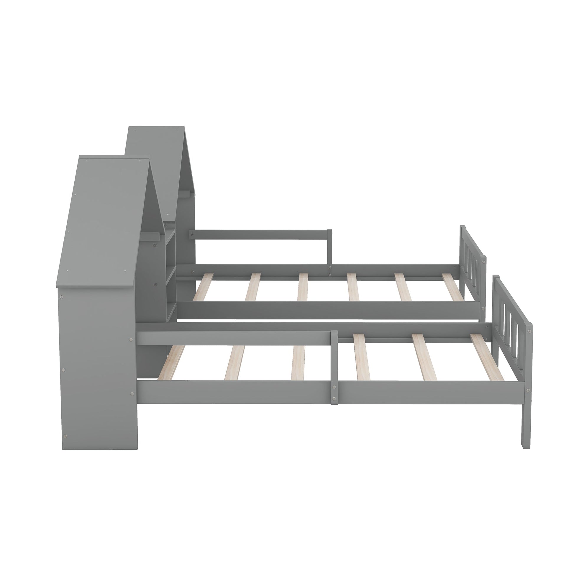Double Twin Size Platform Bed with House-shaped Headboard and a Built-in Nightstand  Grey - Korvel