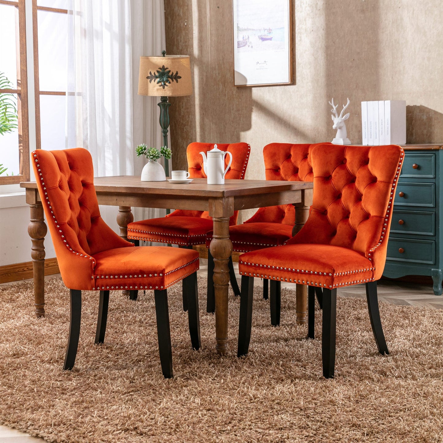 Premium Velvet Upholstered Dining Chair Set - Orange