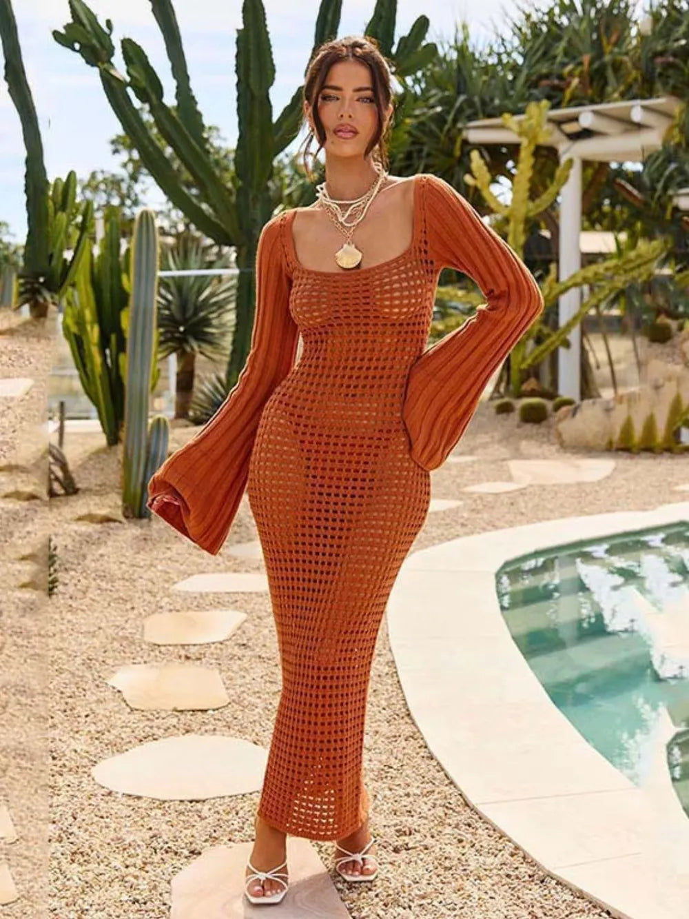 Openwork Square Neck Flare Sleeve Cover-Up Dress - Korvel