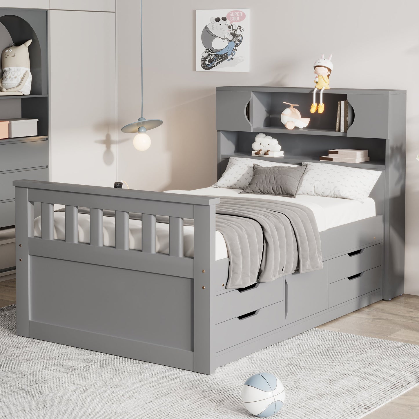 Twin Size Captain Platform Bed Frame with Storage in Gray