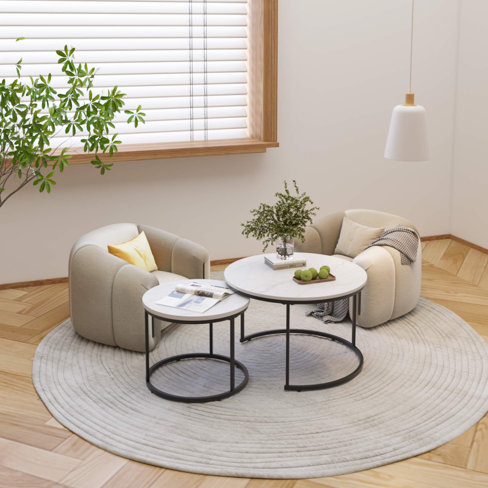A set of nested 27.6-inch circular coffee tables with a wooden marble patterned tabletop and a sturdy metal frame (white) - Korvel