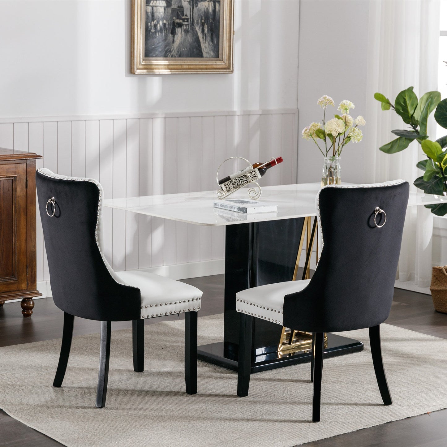 Tufted Solid Wood Dining Chairs - 2-Piece Set in White and Black