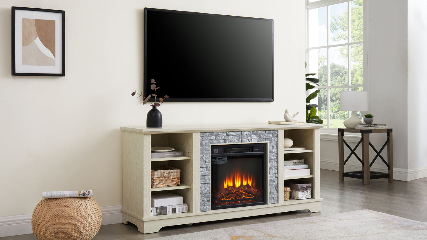 Meuble TV avec foyer électrique en pierre Mantel et rangement ouvert