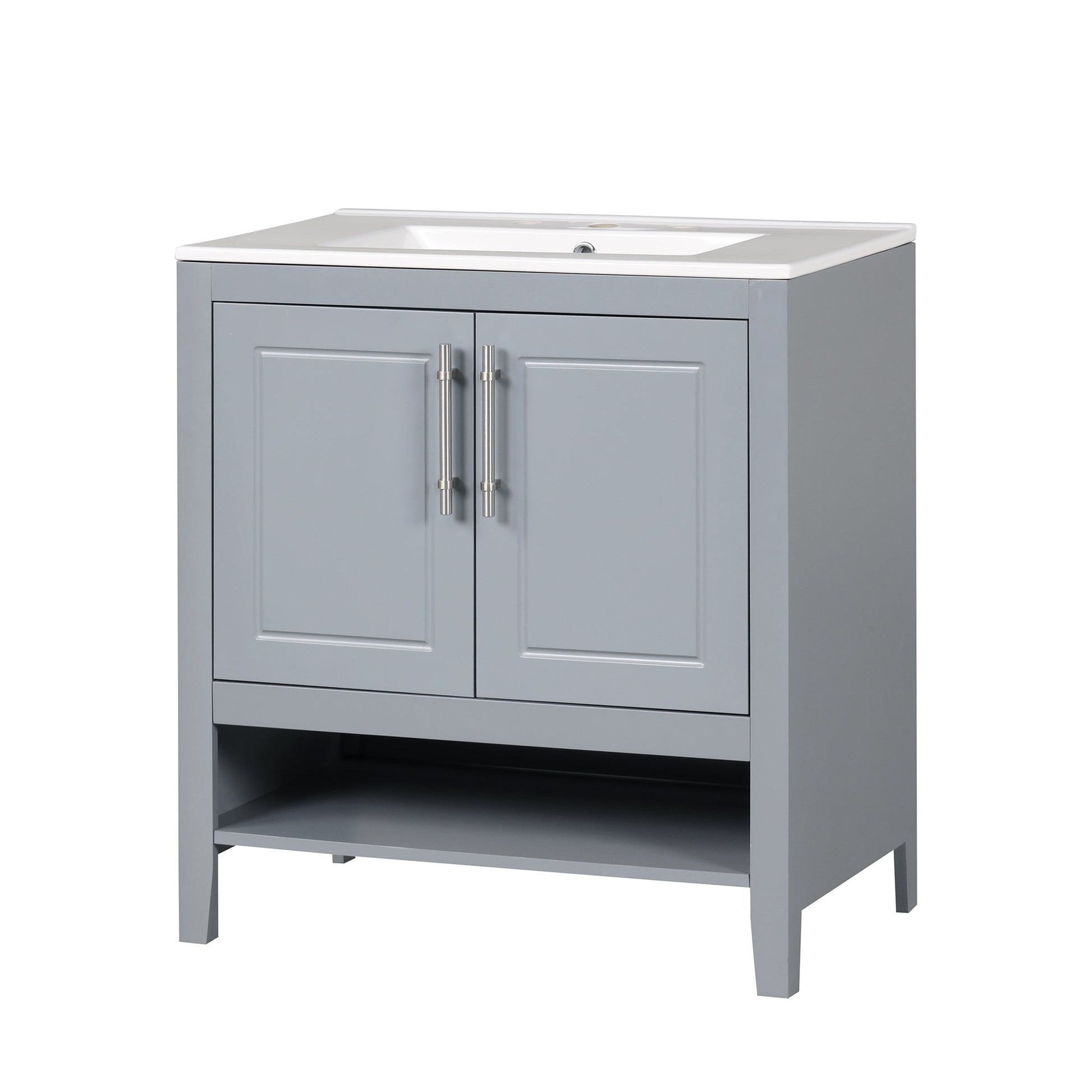 30" Bathroom Vanity with Sink, Multi-functional Bathroom Cabinet with Doors and Drawers, Solid Frame and MDF Board, Grey - Korvel