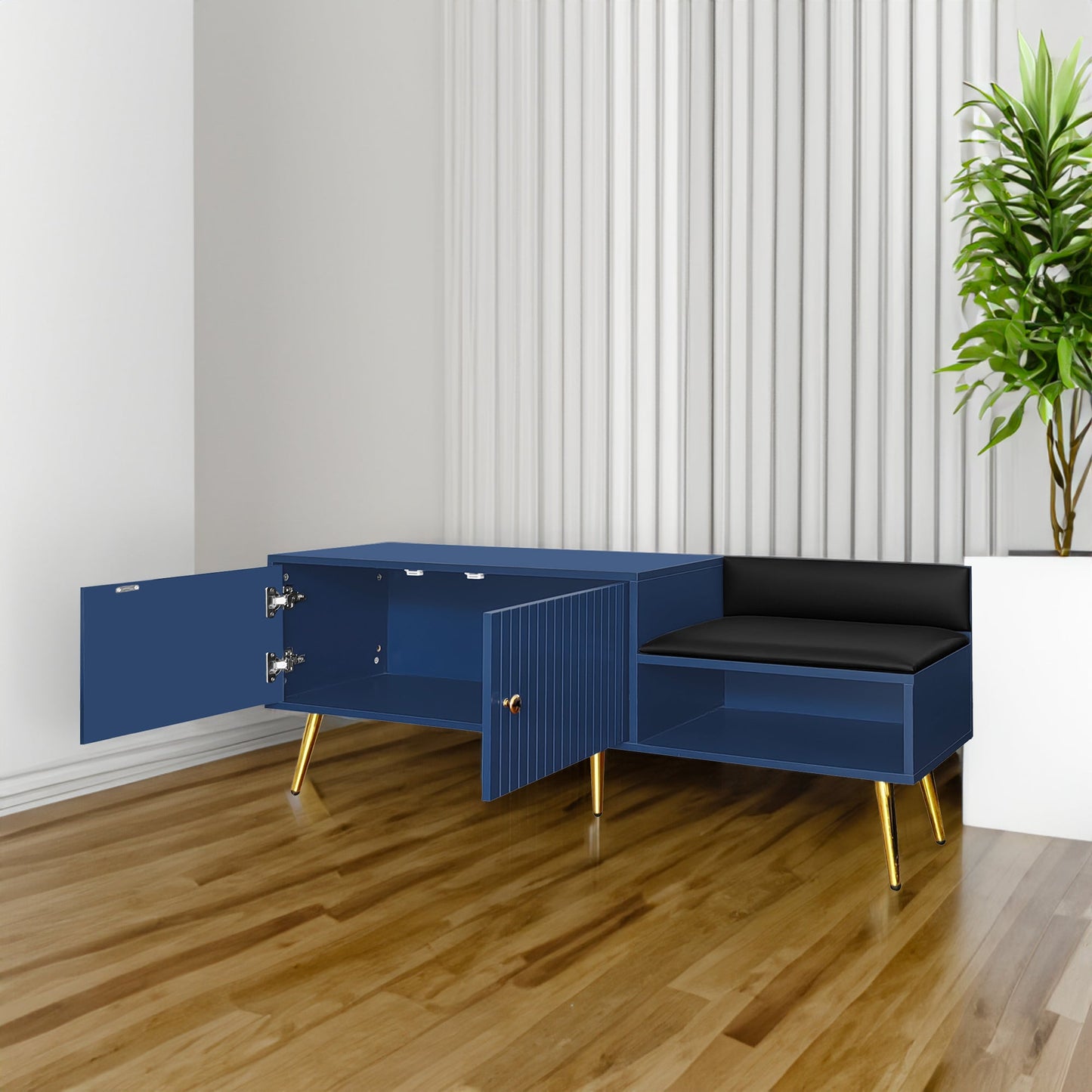 Modern Navy Shoe Storage Bench with Hidden Storage & Cushions