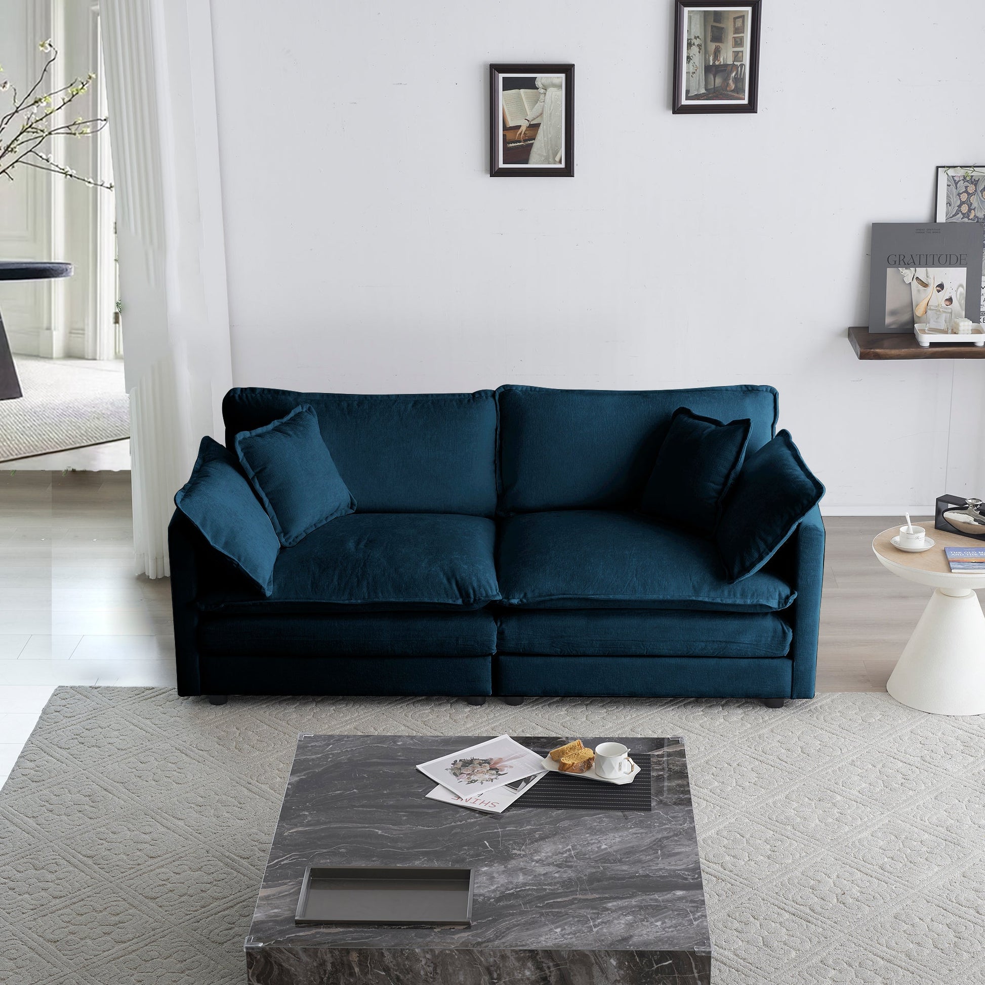 Modern Fabric Loveseat Sofa Couch for Living Room, Upholstered Large Size Deep Seat 2-Seat Sofa with 4 Pillows ,Blue Chenille - Korvel