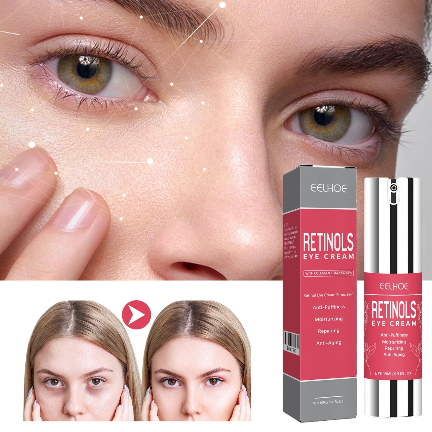 Retinol Eye Cream, Eye Skin Moisturizing Treatment Fade Fine Lines Dark Circles Elastic Firming Eye Cream - Korvel
