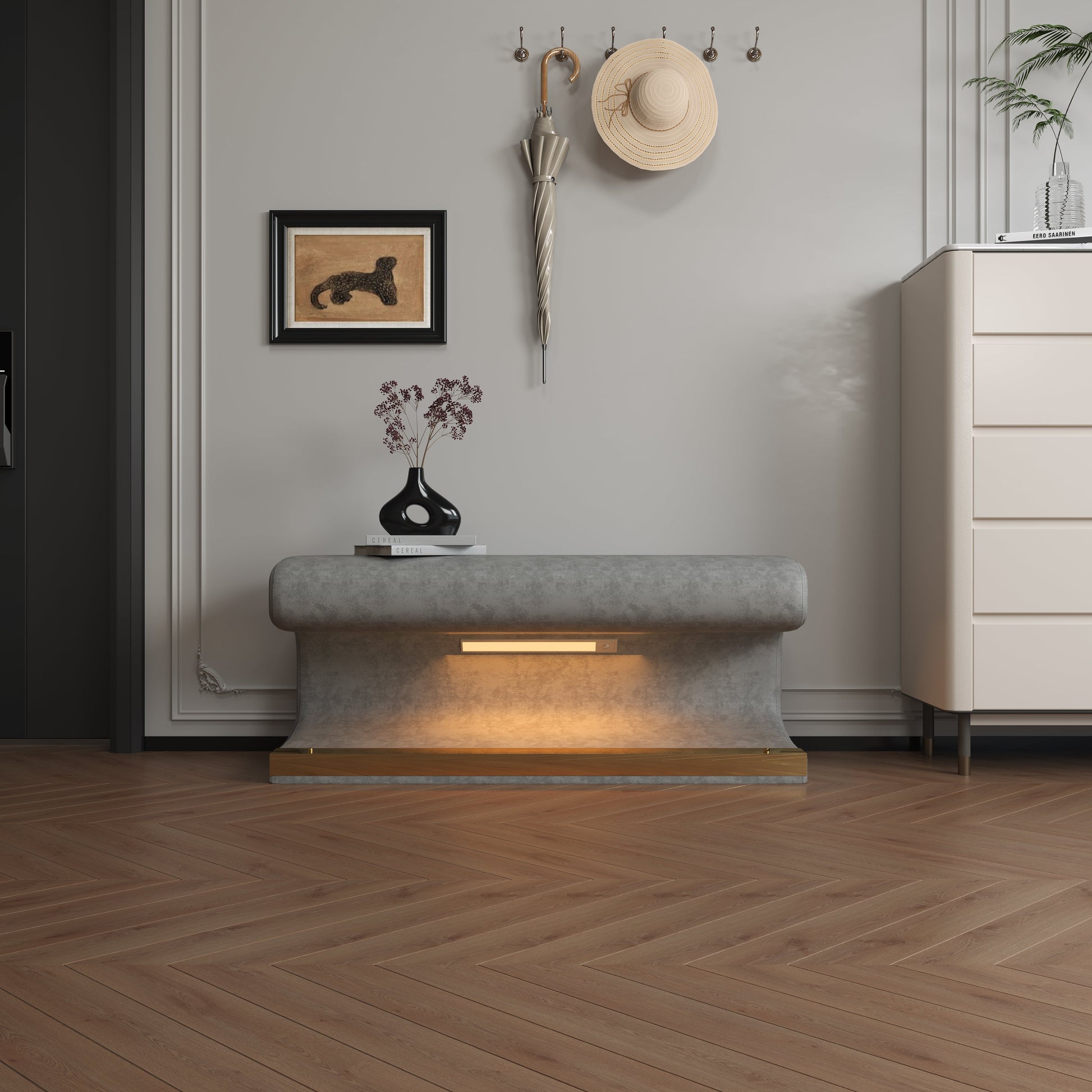 Entryway Bench Leather Upholstered Ottoman with LED sensor light for living room ,bedroom,end of bed - Korvel