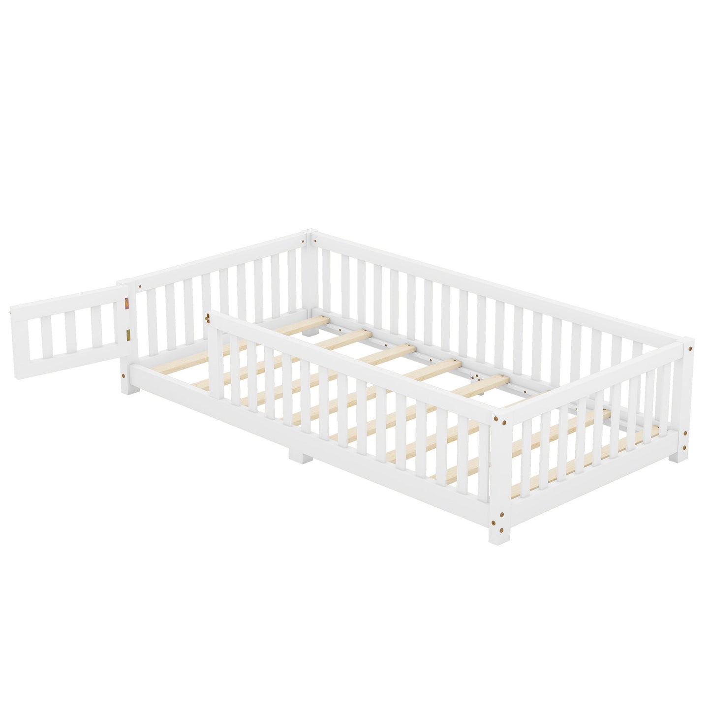 Twin Size Bed Floor Bed with Safety Guardrails and Door for Kids, White - Korvel
